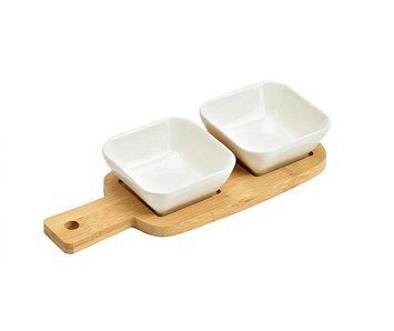 3-piece serving set, ceramic and bamboo