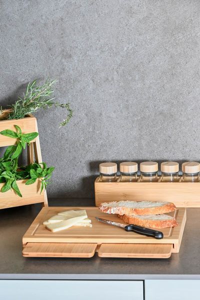 Spice organizer 7-piece, bamboo and glass